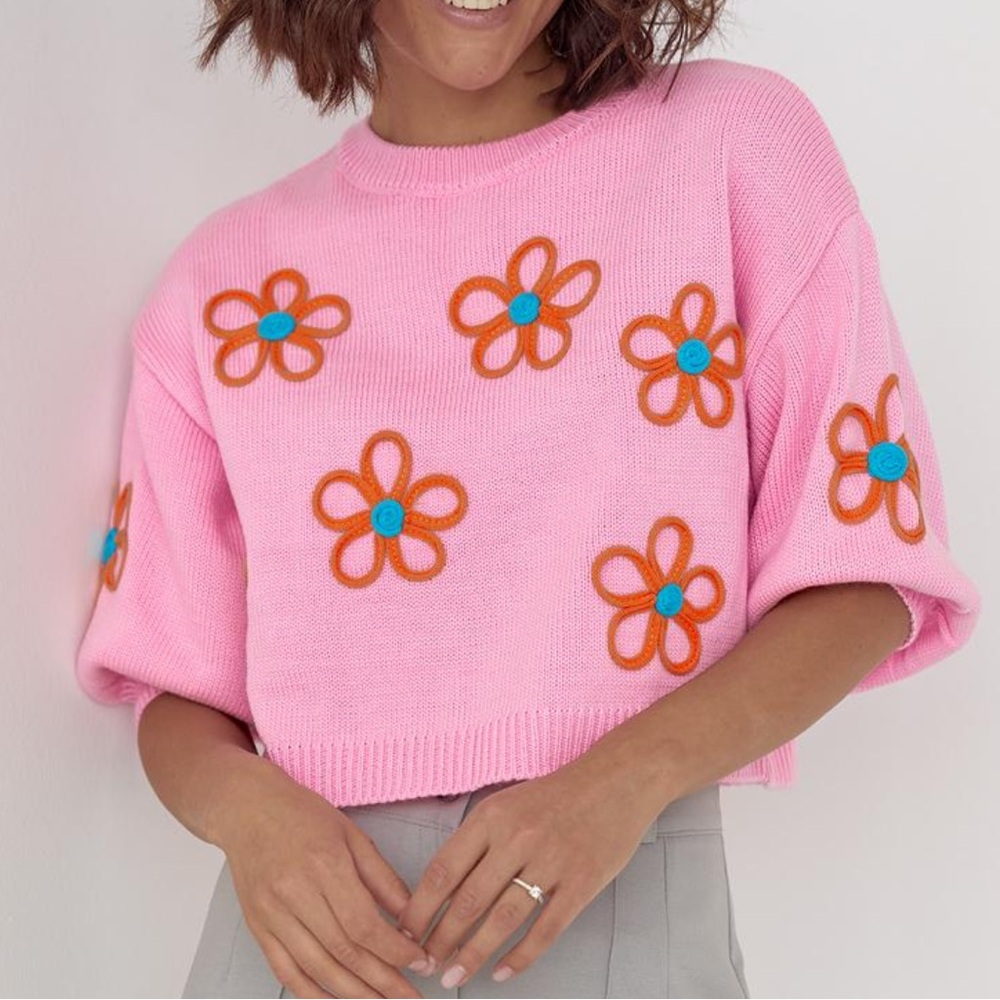 Zara Pink Sweater with Orange Floral Design Size Medium